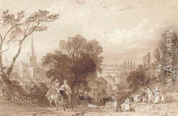 A busy Darlington road with St. Cuthbert's Church in the distance Oil Painting - Thomas Allom