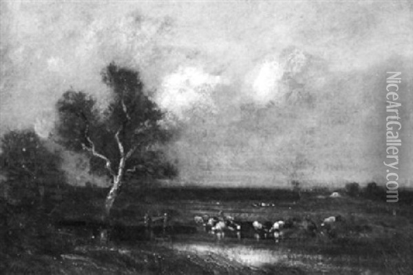 Abendliche Landschaft Mit Kuhen Am Weiher Oil Painting - Jules Dupre