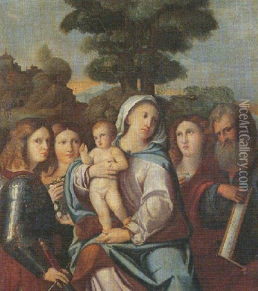 A Sacra Conversazione: The Madonna And Child With Saints George, Dorothea, Mary Magdalene And Mark(?) Oil Painting - Jacopo Palma il Vecchio