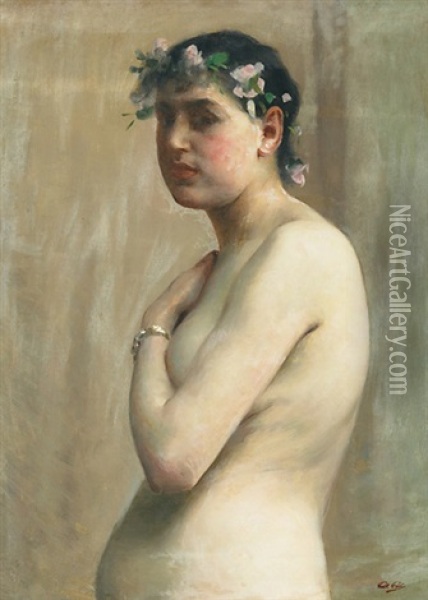 Female Nude With Floral Head Wreath Oil Painting - Paul Peel