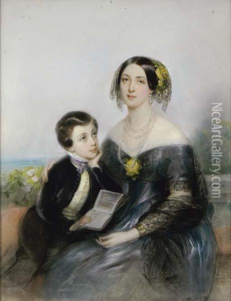 Portrait Of Aurore Demidoff-karamzine With Her Son, Seated On A Balcony Oil Painting - Laure Houssaye De Liomenil