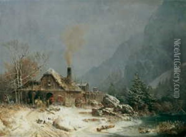 Schmiede Im Winter Oil Painting - Heinrich Buerkel