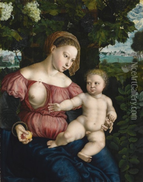 Virgin And Child Beneath A Vine Oil Painting - Jan Sanders (Jan van) Hemessen