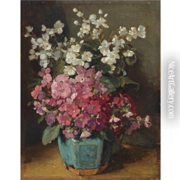 A Begonia And Busy Lizzy In A Ginger Pot Oil Painting - Johannes Evert Hendrik Akkeringa