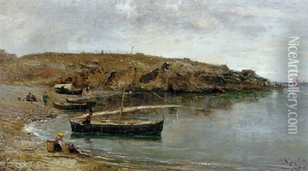 Bateaux Et Enfants Au Bord De La Mer Oil Painting - Adolphe Appian