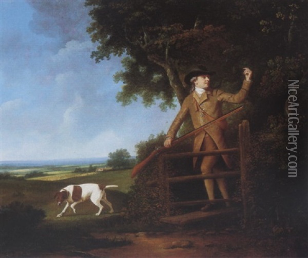 A Gentleman Out Shooting In A Landscape With His Pointer Oil Painting - Philipp Reinagle