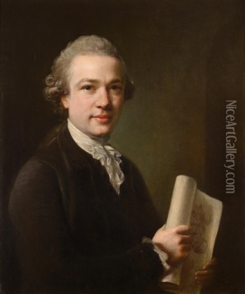 George Gostling Of Whitton Place, Half Length Wearing A White Cravat, Black Jacket And A Powdered Wig, Holding A Document Oil Painting - Nathaniel Hone the Elder