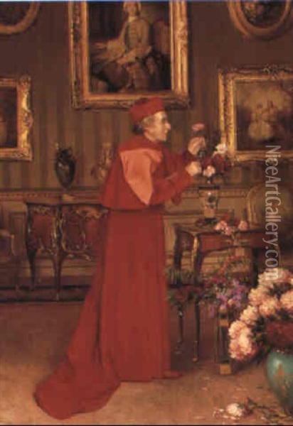 Cardinal In An Interior Oil Painting - Georges Croegaert