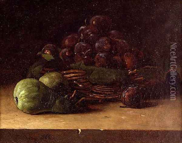 Still life with a basket of prunes 1866 Oil Painting - Francois Bonvin