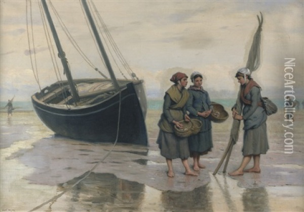 Austernfischerinnen Am Strand Von Cancale Oil Painting - Eugene Feyen