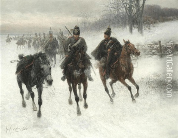 A Column Of Cavalry Officers Oil Painting - Jan van Chelminski
