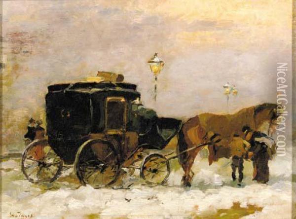 Aapje In De Sneeuw: A Horse-drawn Cab Oil Painting - Willem de Zwart