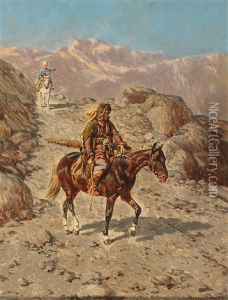 Caucasian Horsemen In The Mountains Oil Painting - Franz Quaglio