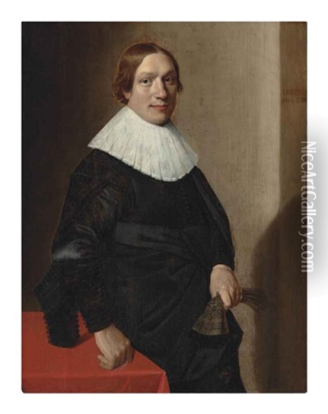 Portrait Of A Man, Half-length, In A Black Doublet And Cloak, With A Ruff, Resting His Right Hand On A Table And Holding A Glove Oil Painting - Jan Daemen Cool