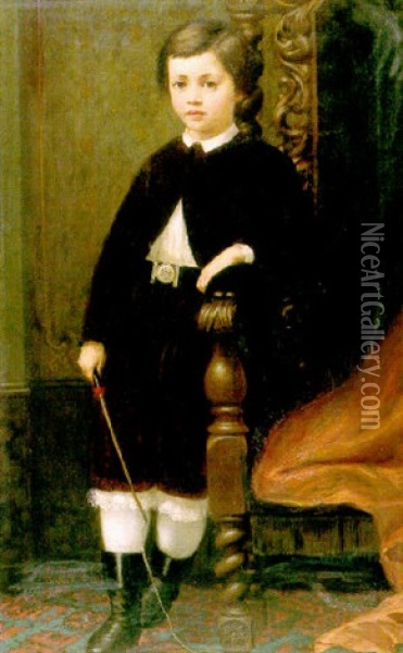 Portrait Of A Young Boy Holding A Riding Crop Oil Painting - Adalbert Franz Eugen Begas