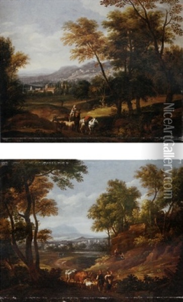 An Italianate Wooded Landscape With Peasants, Cattle And Gots On A Country Path, Mountains Beyond Oil Painting - Antonio Diziani