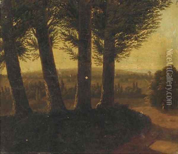 A wooded landscape at dusk with a figure smoking a pipe Oil Painting - Jean-Victor Bertin