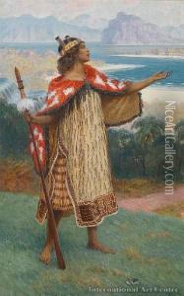 Maori Girl In The Bay Ofislands & Maori Man Playing The Putorino Oil Painting - Percy Fred. Seaton Spence