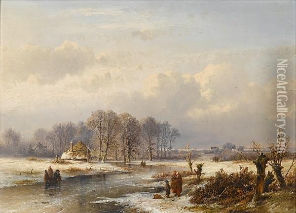 A Winter Landscape With Skaters On A Frozen River Oil Painting - Pieter Lodewijk Francisco Kluyver