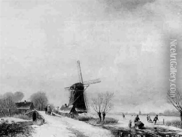 Skaters On A Frozen River By A Mill Oil Painting - Paul Joseph Constantin Gabriel