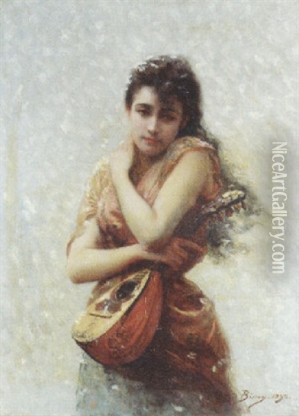 The Mandoline Player Oil Painting - Edouard Bisson
