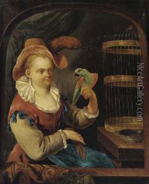 A Lady With A Parrot At A Casement Oil Painting - Joseph Conrad Seekatz