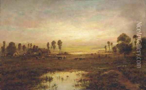 Coucher du soleil dans un champ Oil Painting - Etienne-Pierre Theodore Rousseau
