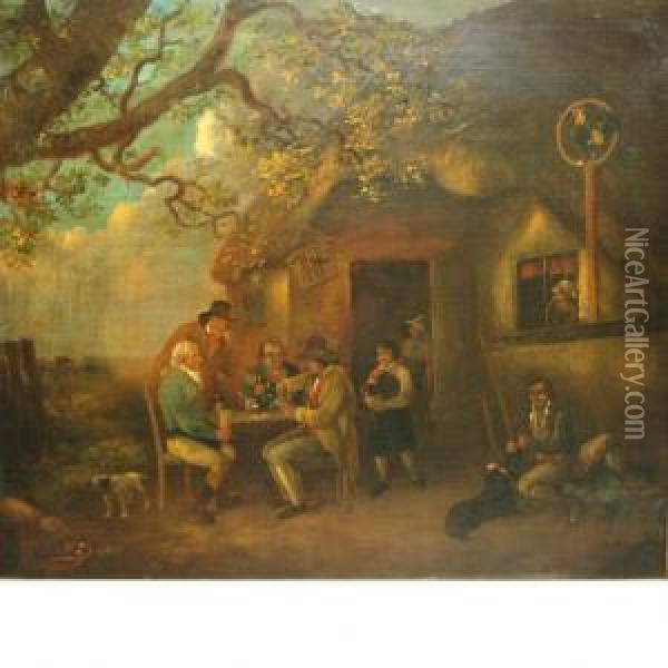 A Game Of Cards Outside Acountry Inn Oil Painting - George Moreland