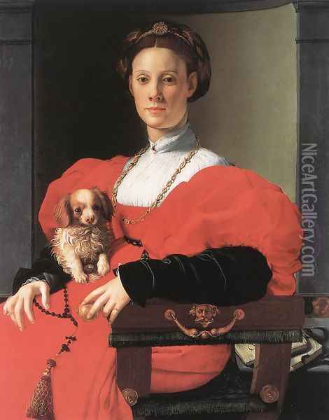 Portrait Of A Lady With A Puppy Oil Painting - Agnolo Bronzino