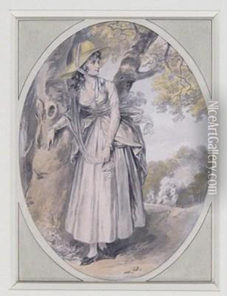 Portrait Of A Lady, Full Length Standing By A Tree Oil Painting - William Hamilton
