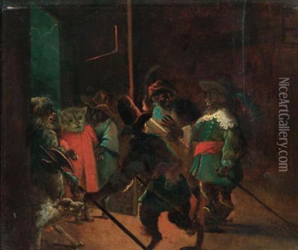 A Singerie: Monkeys Dressed As Soldiers Arresting A Cat Oil Painting - David The Younger Teniers