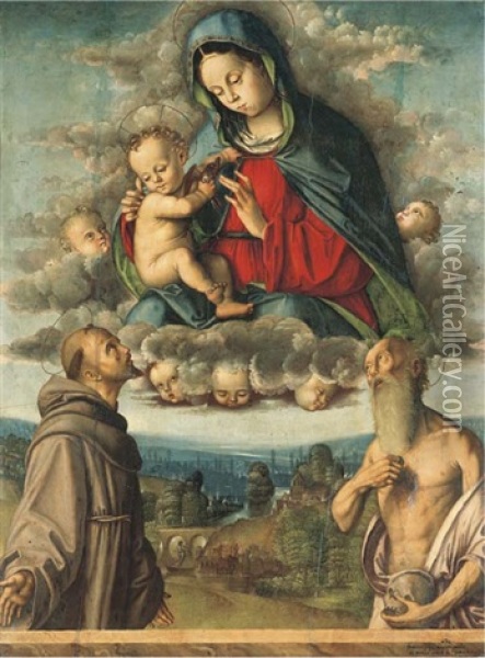 The Madonna And Child Appearing To Saints Francis Of Assisi And Jerome Oil Painting - Francesco Zaganelli