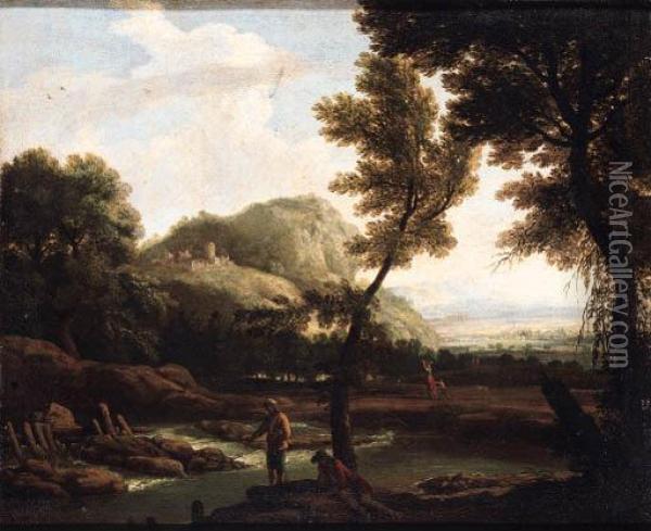 Anglers In An Extensive River Landscape Oil Painting - Jacob Philipp Hackert