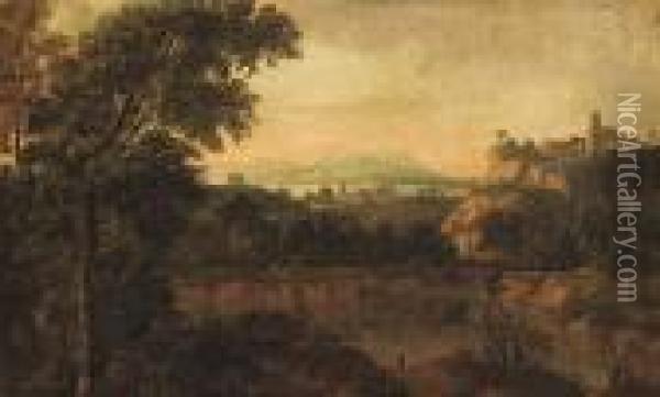 An Extensive Classical Landscape With Travellers Near A Lake Oil Painting - Gaspard Dughet Poussin