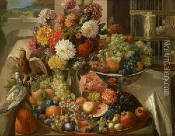 Flowers And Fruit With A Dovecote Oil Painting - Leopold Stoll