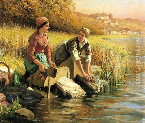 Women Washing Clothes By A Stream Oil Painting - Daniel Ridgway Knight