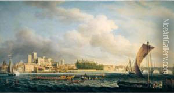 The Thames At Westminster Bridge With Barges Oil Painting - Samuel Scott