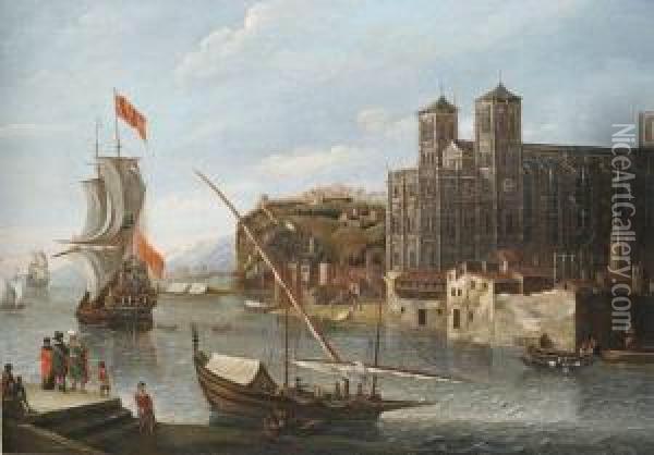 Nordlicher Hafen An Einer Kathedrale Mit Segelbooten, Lastkahnen, Kaufleuten Und Reisenden Oil Painting - Jacobus Storck