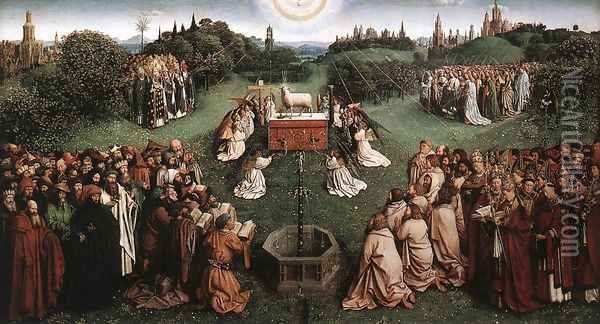 The Ghent Altarpiece- Adoration of the Lamb (detail 1) 1425-29 Oil Painting - Jan Van Eyck