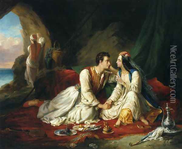 Byron as Don Juan, with Haidee, 1831 Oil Painting - Alexandre-Marie Colin