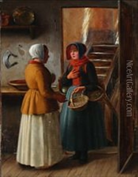 Kitchen Interior With A Amager Woman Selling Vedgetables To A Maid Oil Painting - Julius Friedlaender