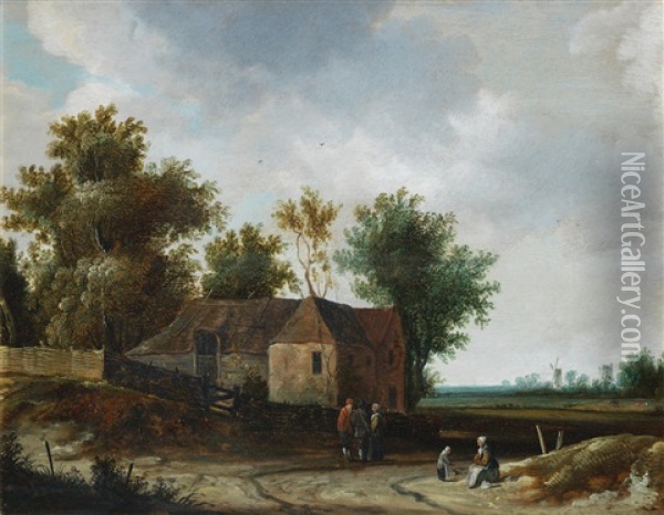 Figures Resting In A Landscape Before A House With Windmills In The Distance Oil Painting - Roelof van Vries