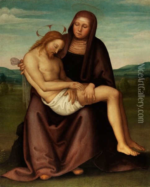 Pieta In Weiter Landschaft Oil Painting - Pietro Perugino