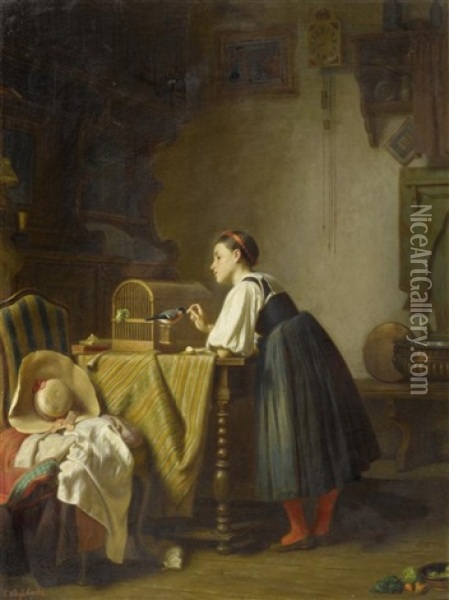 Interieurszene Mit Einem Madchen Oil Painting - Johann Caspar Bosshardt
