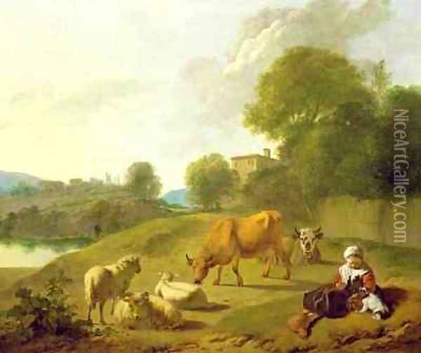 A River Landscape with Cattle Sheep and a Young Girl Playing with a Dog Oil Painting - Simon van der Does