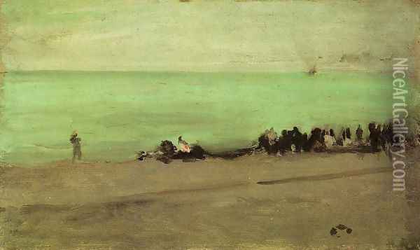 Blue and Silver: Boat Entering Pourville Oil Painting - James Abbott McNeill Whistler