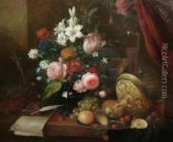 A Still Life Of Flowers, A Crucifix, An Upturned Tazza And Glasses, Displayed On A Ledge Oil Painting - Thomas Webster