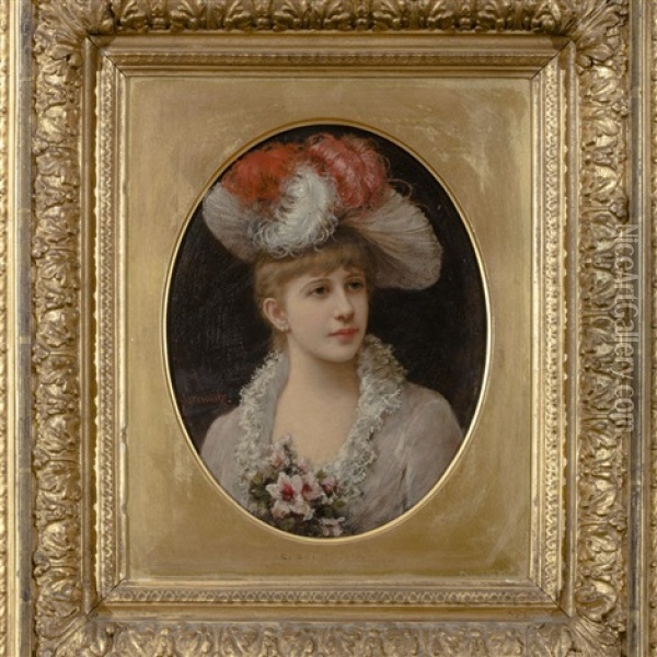 Young Woman In A Feathered Hat Oil Painting - Emile Eisman-Semenowsky