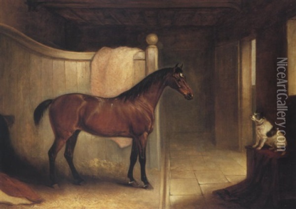 A Bay Hunter, The Property Of H.g. Surtees Of Frenchay, In  A Loosebox With A Terrier To The Right Oil Painting - John E. Ferneley