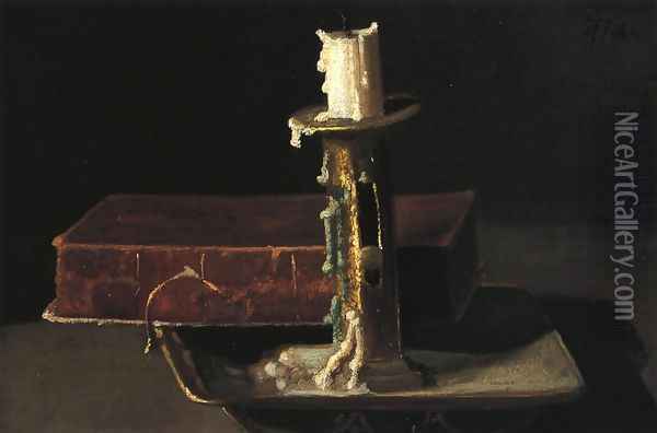 Still Life with Candlestick and Book Oil Painting - John Frederick Peto